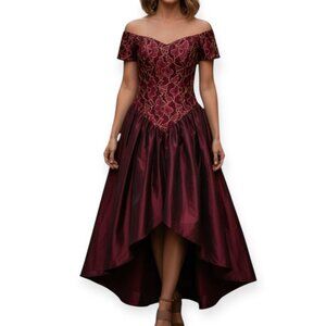 Loralie Original Burgundy Gown Sz 14 Off Shoulder Embroidered Velvet Lace Formal